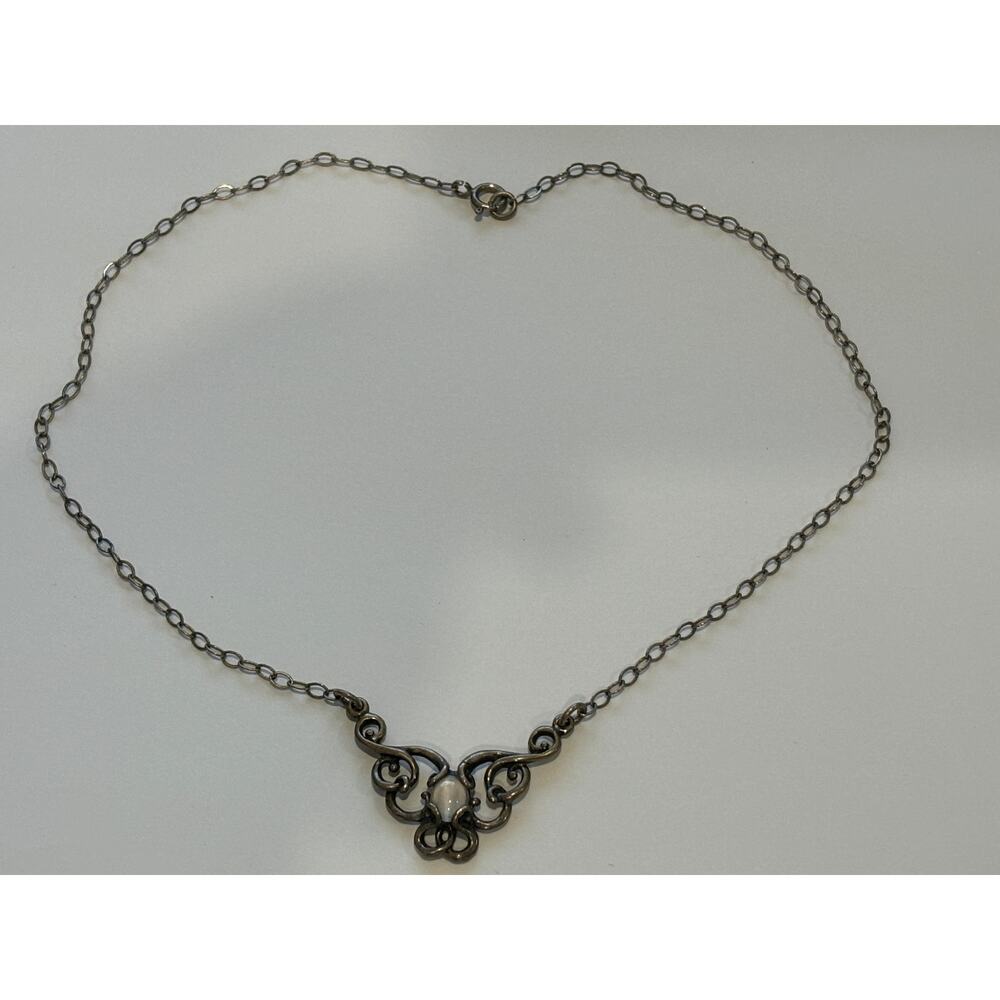Sterling Silver Ornate Necklace Cats Eye